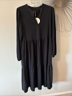 Antabess Maxi Dress Black Long Sleeve Flowy Tiered Pockets Size M